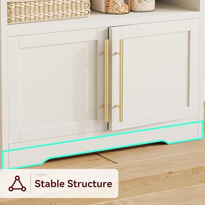 Garvee Farmhouse Bakers Rack with Power Outlets, Microwave Stand with Cabinet, Kitchen Hutch Pantry Cabinet, Kitchen Coffee Bar Cabinet for Spices, Dishes, and Pots, White
