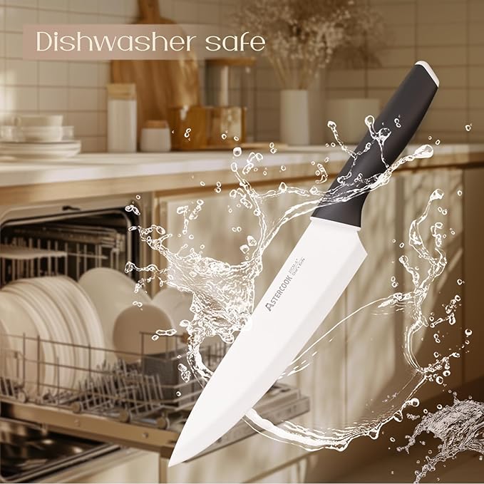 Astercook Knife Set, Kitchen Knives with Block and Sharpener Ceramic Coating 15 Pcs German Stainless Steel Knives Sharp Blade Dishwasher Safe Deba Knives with Ergonomic Handle, Elegant Black