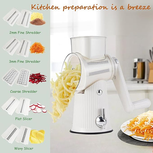 5-in-1 Rotary Cheese Grater Vegetable Slicer, 5 Interchangeable Blades Food Shredder with Anti-Slip Reinforced Suction Base, Kitchen Mandoline Chopper with Blade Storage Box (White)
