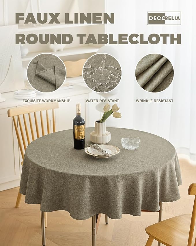 Waterproof Round Tablecloth for Round Dining Table, Decorative Rustic Soft Wipeable Table Cloths Cover Indoor Outdoor Use for Holiday,Wedding, Kitchen (70 Inch,Round (4-6 Seats),Natural)