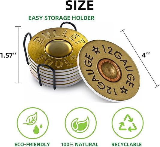 Coasters for Drinks with Holder Set of 6, Shotgun Shell Ceramic Coaster Absorbent for Office Desk Table Coasters Kitchen Decor House Warming Gifts for New Home Couples, Round 4"