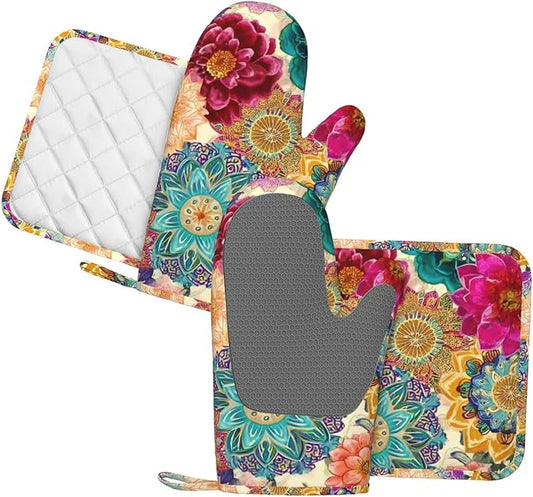 Oven Mitts and Pot Holders Boho Colorful Flower Silicone Kitchen Accessories Set of 4 Heat Resistant Long Gloves Potholder Non-Slip Grip for Chef Cooking Baking Grilling BBQ