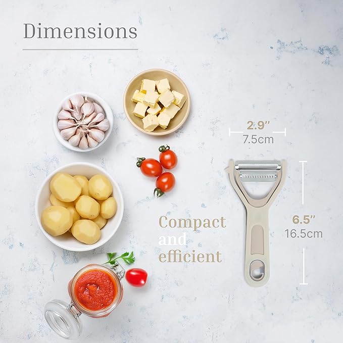 3 in 1 Vegetable Peeler – Julienne Slicer with Bottle Opener and Built-in Eye Remover – Stainless Steel Blade with Comfortable Handle – Potato, Cabbage, and Carrot Peeler for Kitchen – Beige