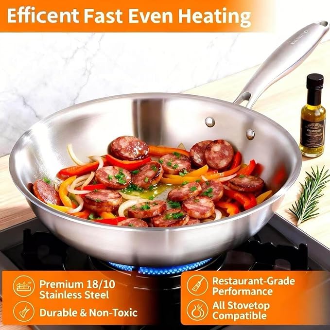 DELARLO Tri-Ply Stainless Steel Woks, 12 Inch Healthy Non-Toxic Cooking Wok Pan with Lid, Wide & Deep Cookware Stir-Fry Pans, Dishwasher and Oven Safe Up To 600°F, Works on Induction