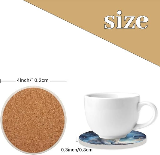 Round Coasters Set of 2, Starry White Cat Absorbent Ceramic Coaster with Cork Base, Bar Coasters for Drinks Coffee Mugs Tea Cups Wine Glasses Home Decor Gifts (4 inches)