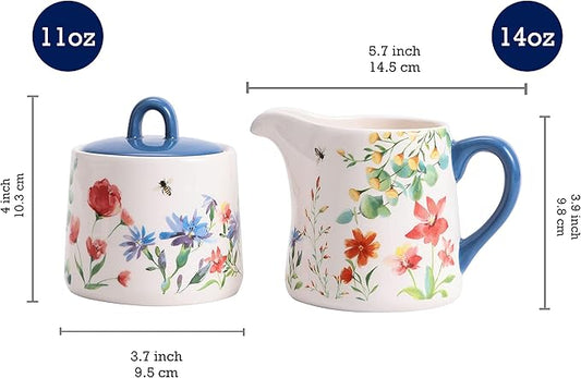 Bico Summer Provence Ceramic Sugar and Creamer Set, Sugar Bowl with Lid, Cute Container for Coffee Bar, Kitchen Countertop Accessories, Microwave and Dishwasher Safe