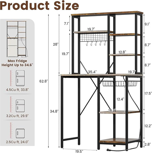 7-Tier Mini Fridge Stand with Storage, Microwave Storage Shelf with Power Outlet, Bakers Rack Stand, All in one Shelf for Dorm Kitchen Coffee Bar, Vintage Brown