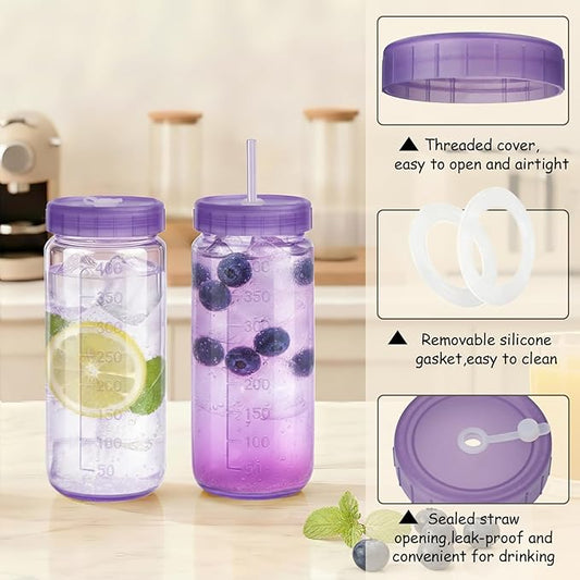 Ruckae 16oz 10 Pack Glass Juice Bottles with Dual Scale, Reusable Glass Bottles with Hole Lids and Straws Mason Jar for Juicing, Smoothies, Kombucha - Water Bottle for Fridge or Gym (Purple)