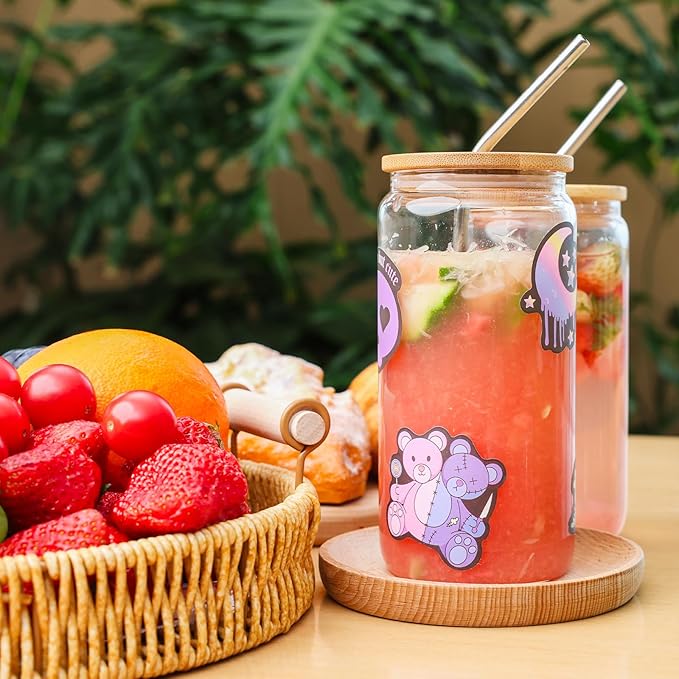 20Pcs Glass Cups With Bamboo Lids and Straws,16Oz Ice Coffee Cup,Drinking Glasses Cups Set,Water Bottles Glasses for Juicing,Beer,Coffee,Soda,Tea-Glass Tumbler Reusable for Gifts