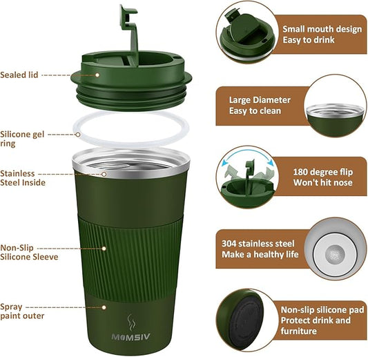MOMSIV 17oz Travel Mug, Insulated Coffee Cup with Leakproof Lid, Vacuum Stainless Steel Double Walled Reusable Tumbler for Hot and Cold Water Coffee and Tea In Travel and Car