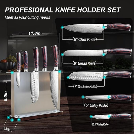 Kitchen Knife Set with Block - 6 Pcs Chef Knife Block Set, 5 Pcs High - Carbon Stainless Steel Razor - Sharp Knives with a Magnetic Knife Block Holder, Versatile and Professional Kitchen Knives Set