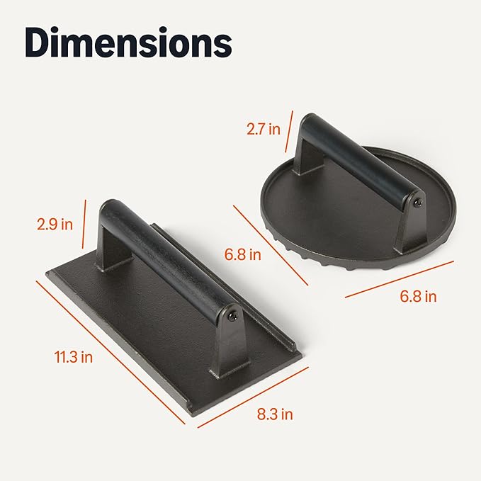 Amazon Basics Cast Iron Burger Press, 6.8 inch Round & 11.3 x 8.3 inch Rectangle, Black, 2pcs Set