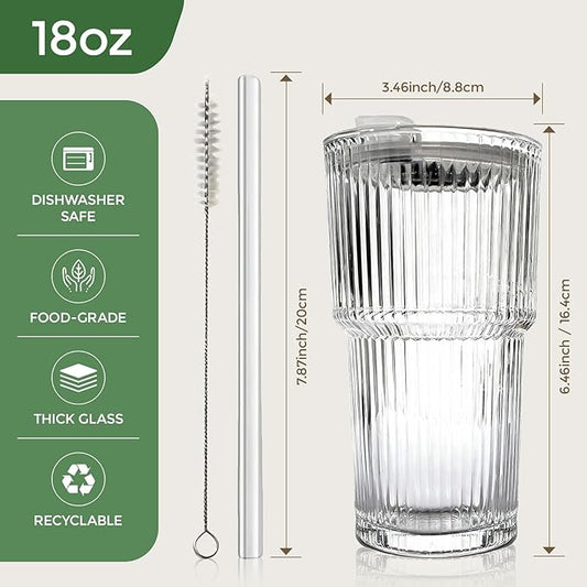 18oz Ribbed Glass Tumbler with Lids & Straws, Set of 2 -Vintage Ribbed Iced Coffee Cups, Reusable Smoothie & Cocktail Drinking Glasses - Perfect for Daily Use & Travel
