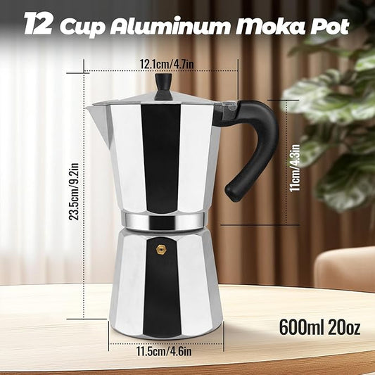 12 Cup Aluminum Moka Pot Classic Stovetop Espresso Coffee Maker 600ml 20oz Coffeemaker Percolator Mocha Pot Greca Coffee Maker Cafe Makers for Italian and Cuban Café Brewing Silver