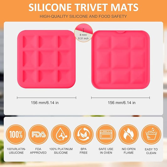 Silicone Trivets for Hot Pots and Pans, Pot Holders Hot Pads 6 Pack Silicone Mats for Kitchen Counter, Soft Durable Drying Mat, Jar Opener and Coasters (Pink)