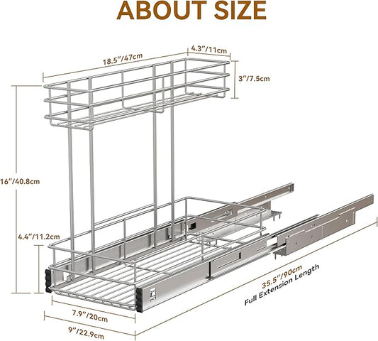 Under Sink Organizer 2 Packs, Pull Out Cabinet Organizer 2 Tier, Under Sink Slide Out Organizer Chrome Plated, Under Kitchen Bathroom Sink Organizer, Pantry Cabinet Closet Organization Rack, 9"W X19"D