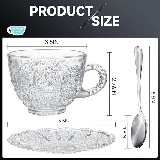 Glass Teacups and Saucers Set of 6, Vintage Coffee Mugs with Stainless Steel Spoon, Dishwasher & Microwave Safe Teacups for Espresso Cappuccino Latte Tea Juice, 7OZ/210ML, Clear