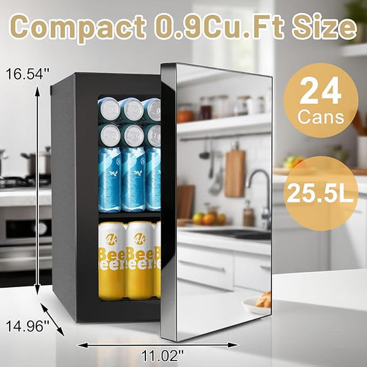 7 Temp Control 24Can/0.9Cu.Ft Mini Fridge For Soda, Drink, Beer,Wine, Mirrored Door Compact Beverage Refrigerator, Personal Beauty Cooler for Bedroom, Dorm, Office, Beverage Beauty Storage