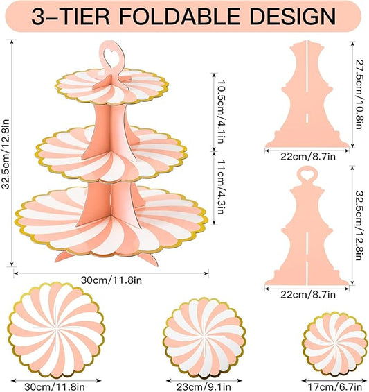 Soleebee 3-Tier Cupcake Stand, Cardboard Cupcake Tower, Dessert Cup Cake Stand Tower for Birthday Wedding Party Decoration, Cupcake Tier Stand 2 Set (Pink Gold)