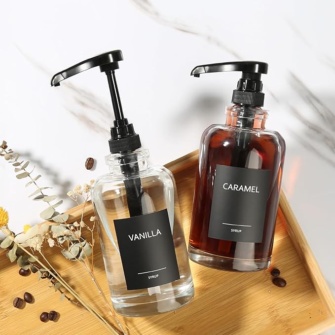 Coffee Syrup Dispenser for Coffee Bar, Glass Syrup Dispenser with 1/4oz Large Capacity Pump, Coffee Syrup Pump Dispenser for Coffee Station, 16.9 fl oz Maple Syrup Bottles for Coffee Bar