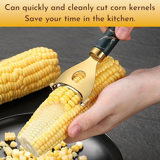 2Pcs Corn Peeler & Kernel Remover Tool – Stainless Steel Corn Cob Stripper for Effortless Corn on the Cob, Pepper Seed Corer & Vegetable Slicer – Easy-Clean Multi-Function Kitchen Gadge (Gold)
