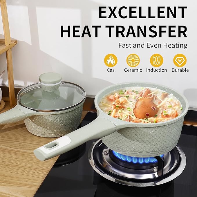 Xuanying Sauce pan set 4 Pcs 1.5Qt & 2.0Qt SaucePan Set with Lid, Non Stick Sauce Pot for Cooking, Easy to Clean, 100% Free PFOA PFAS Cooking all stovetop - Green Granite