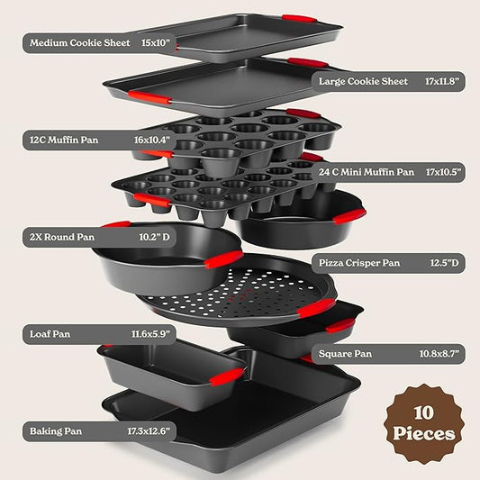 Country Kitchen Nonstick Stackable Bakeware Set - Heavy Duty, Durable, Easy Release Baking Set, Red, 10 Pcs
