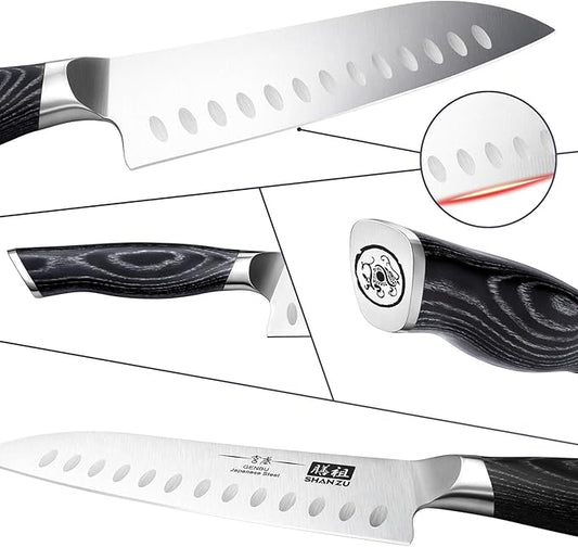 SHAN ZU 7 Inch Japanese Chef Knife, Professional Kitchen Knives, Japanese Super Steel Sharp Santoku Knife with K133 Ergonomic Handle, Black Tortoise Genbu Series