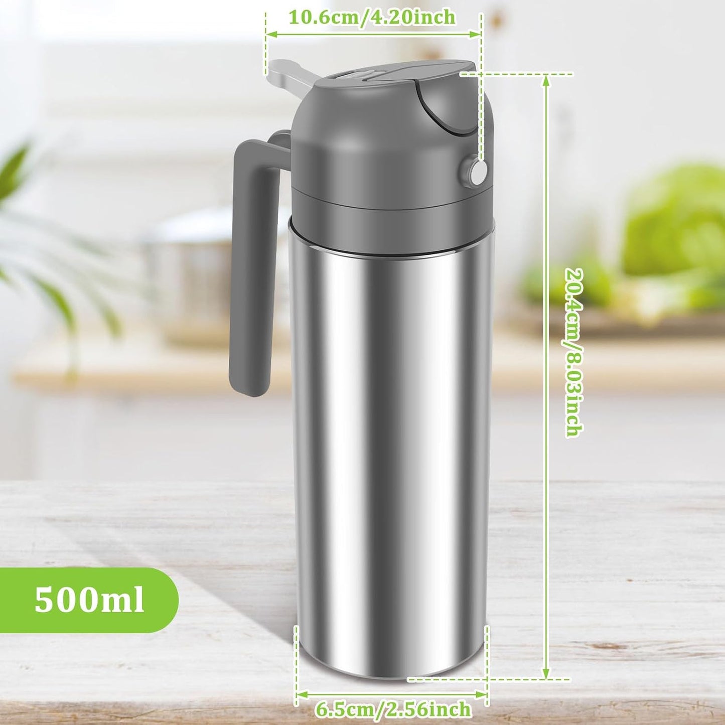 2 in 1 Oil Dispenser and Oil Sprayer, 304 Stainless Steel Oil Dispenser Bottle, 500ml Oil Sprayer for Cooking, Refillable Food-grade Oil Mister for Air Fryer, Salad, Frying, BBQ, Home Kitchen Gadget