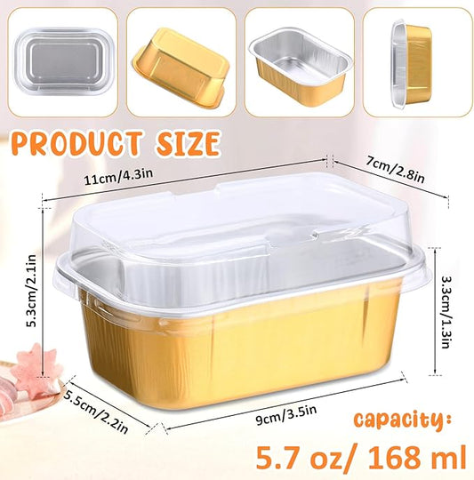 Vesici 100 Sets Mini Loaf Pans with Lids, 5.7 oz Disposable Aluminum Foil Baking Cups, Rectangle Cake Pans for Pudding Desserts Muffin Baking Storage Valentines Wedding Birthday Party(Gold)