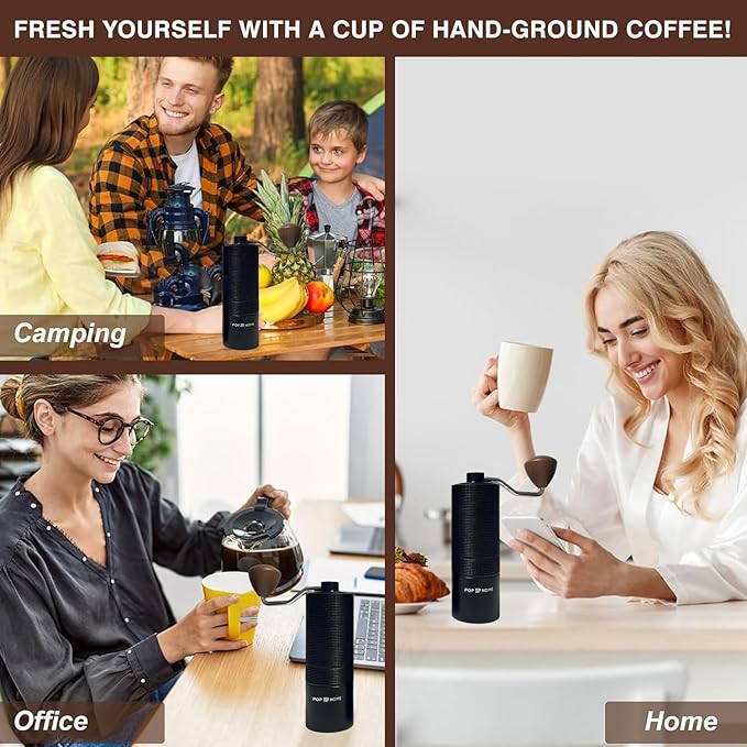 Pop and Party Manual Coffee Grinder - Stainless Steel Conical Burr Hand Mill for Espresso & French Press - Adjustable & Portable