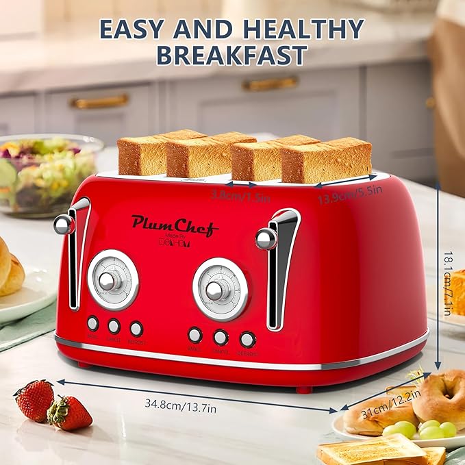 4 Slice Retro Style Toaster, Dual Control Toaster, 6 Browning Settings, Bagel/Defrost Functions, Removable Crumb Tray, Stainless Steel Housing 1650W, Red
