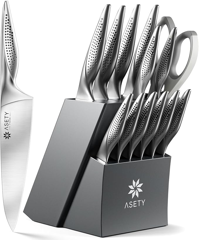 Knife Set - Ultra Sharp Knives Set for Kitchen with block, 15 PCS Stainless Steel Knife Set with Built-in Sharpener, Ergonomic Non-Slip Handle, Christmas Elegant Box for Men Women, Steel Grey