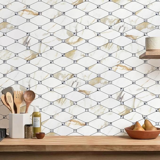 STICKGOO 10 Sheets Peel and Stick Backsplash, Calacatta Golden Stick on Mosaic Tiles for Kitchen Wall Decor, Self Adhesive Long Hexagon PVC Tile Kitchen Backsplash