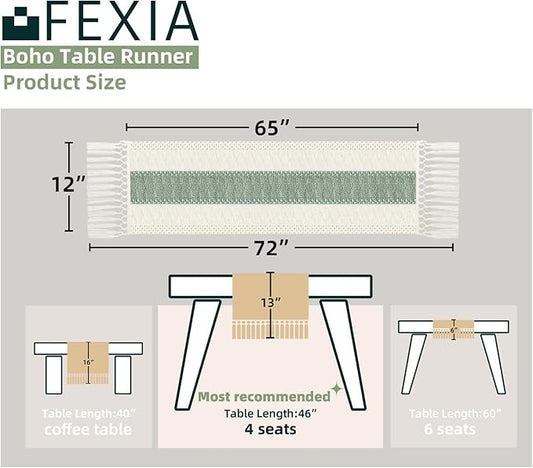 FEXIA Sage Green Table Runner 72 Inches Long with Tassels Boho for Easter Decor Macrame Farmhouse Table Runners for Home Decor Party Bohemian Rustic Bridal Shower Dining Decorations(12x72 Inches)
