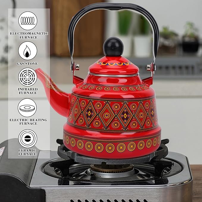1.1L Arab style Vintage Tea Kettle,Enamel Tea Kettle with Handle,Enameled Teapot Stovetop,Hot Water Kettle for Home Kitchen Decor, No Whistling (Red)