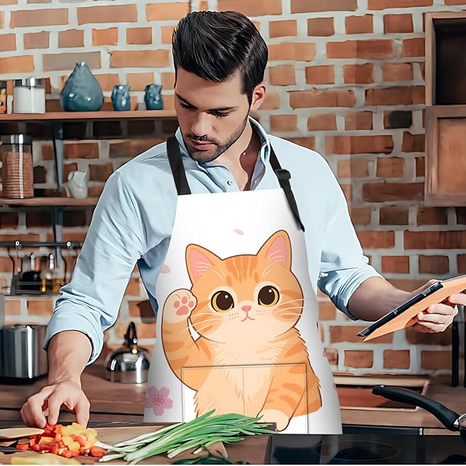 Funny Cat Apron with 2 Pockets Waterproof for Men Women Kitchen Garden Decor