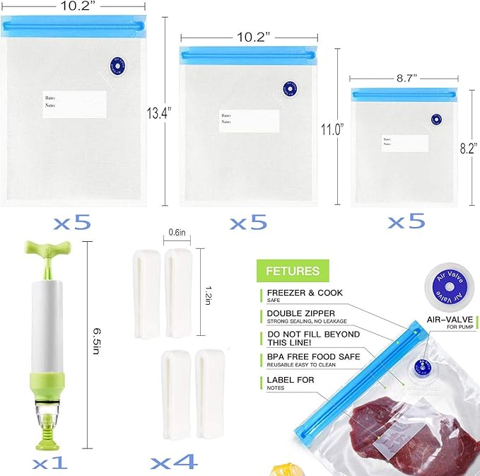 Reusable Sous Vide Bags 3 Sizes - 20 Pack with Hand Pump, Sealing Clips for Sous Vide Cooking and Food Storage (Blue Kit)
