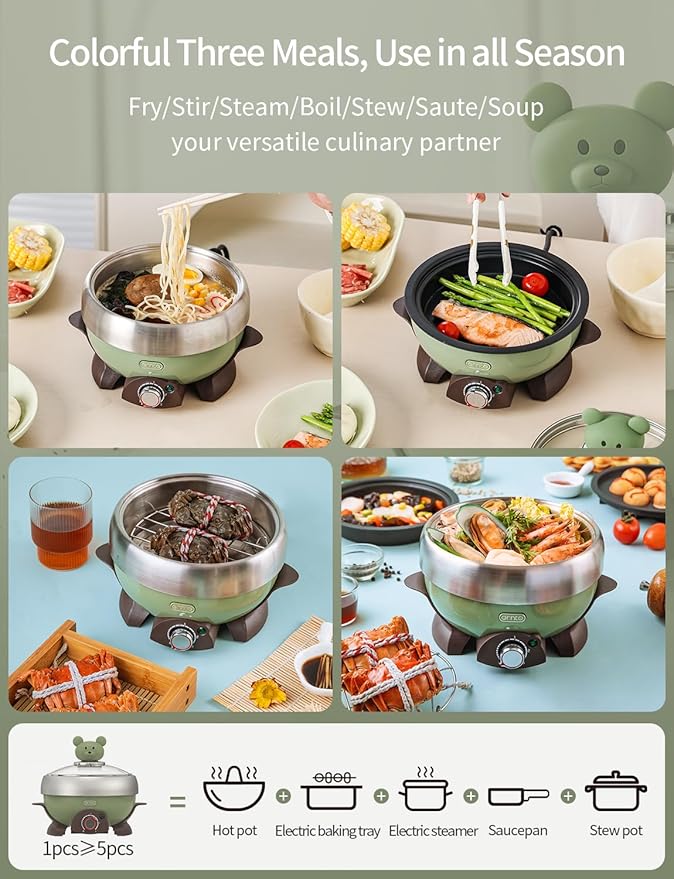 1L Portable Electric Hot Pot, All-in-One Mini Cooker (Steam/Boil/Fry) with 304 Stainless Steel Pot for Camping/Travel/Dorm, Non-Stick Pan for Cooking for 1 Person, FDA Certification