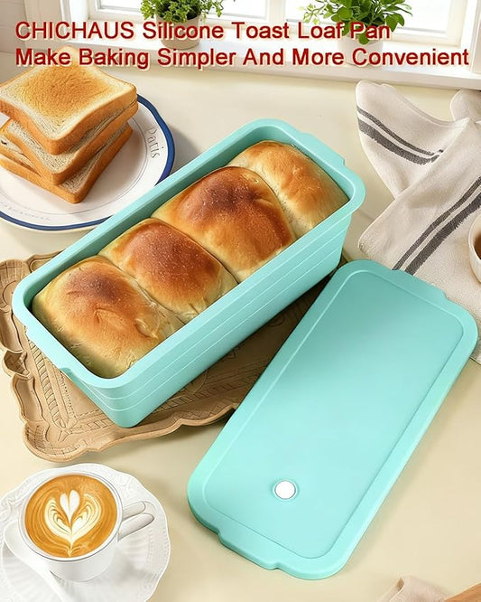 CHICHAUS Large size foldable silicone bread loaf pan with lid,11x4.7 Inch easy to store non stick Bread Baking Pans,Sourdough Bread Pan with Baking Tool Supplies Kit for Homemade Bread, Cake