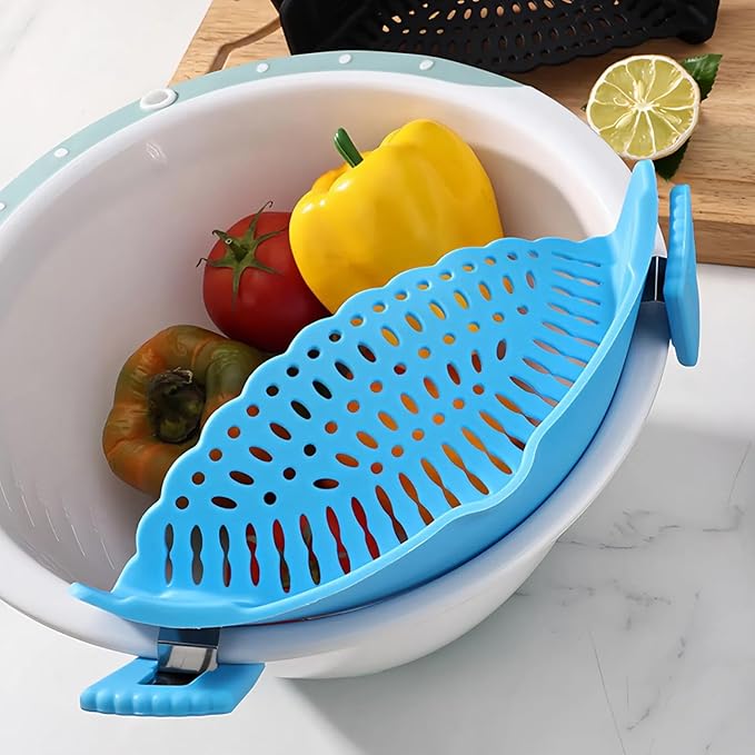 2 PACK Silicone Clip-on Strainer - Fits Pots, Pans & Pasta, Hands-Free Food Strainer for Ground Beef, Spaghetti, Pasta, Compatible with All Bowls and Pots (Black,Blue)