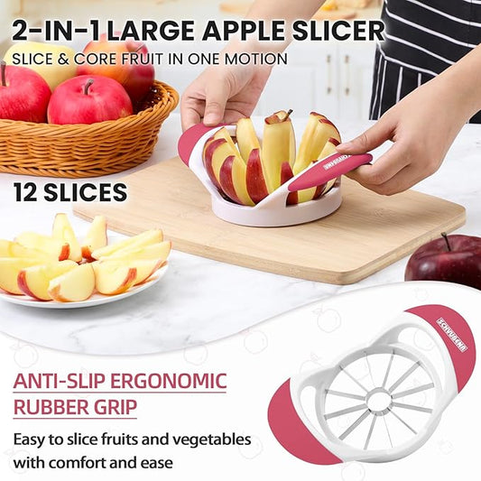 SCHVUBENR Large Apple Corer and Slicer - 4.72 Inch Apple Cutter Slicer with 12 Blades - Stainless Steel Apple Slicer - Sharp Apple Corer Tool - Anti-Slip Grip, Easy to Use & Dishwasher Safe - Pink