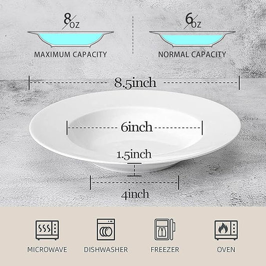 Artena 8 Ounces Pasta Bowls Set of 4, 8.5 inch Soup Bowls, Advanced Porcelain Salad Bowl, Wide Rim Pasta Plates, Shallow Bowls for Kitchen, Rimmed White Plates and Bowls Set, Microwave Oven Safe
