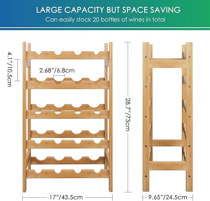 SMIBUY Bamboo Wine Rack, 20 Bottles Display Holder, 5-Tier Free Standing Storage Shelves for Kitchen, Pantry, Cellar, Bar (Natural)