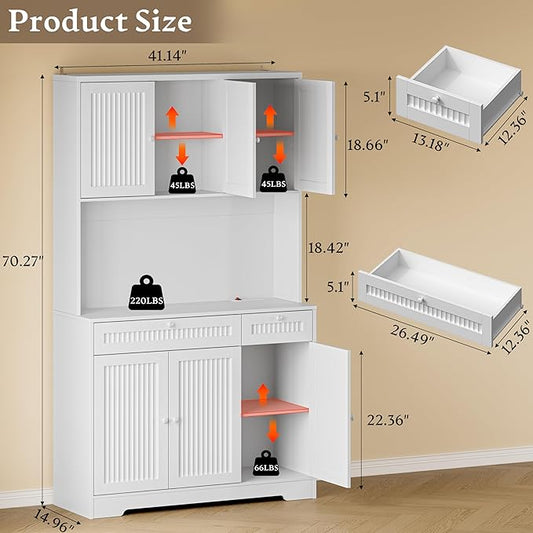 Pantry Cabinet with Charging Station and Light, Tall Kitchen Pantry Storage Cabinet with Microwave Stand, Wide Fluted Kitchen Hutch with Storage Drawers and Adjustable Shelves for Dining Room