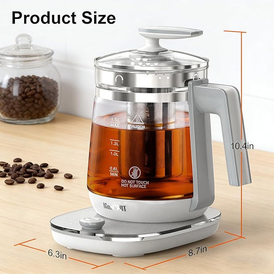1200w Electric Kettle, 1.5L Borosilicate Glass tea kettle, Hot water kettle electric for Coffee or Tea, BPA Free, Auto Shut-Off, Stainless Steel, Fast Boil, White