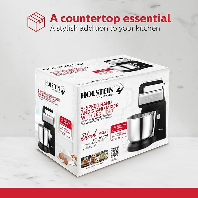 Holstein Housewares 5-Speed Hand and Stand Mixer, 250W Power with LED Light, Black and Stainless Steel – Versatile Mixer for Baking, Whipping, and More