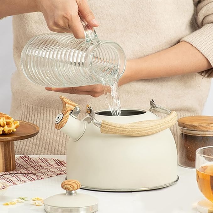 Tea Kettle,2.6 Quart Whistling Tea Kettle, Food Grade Stainless Steel Whistling Tea Pot with Wood Pattern Handle,Works For All Stovetops(Beige-2.6 Quart)