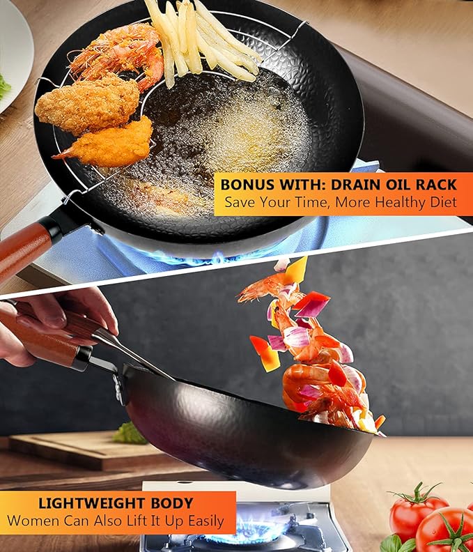 kaqinu Carbon Steel Wok Pan, 14 Piece Woks & Stir-Fry Pans Set with Wooden Lid Cookwares, No Chemical Coated Flat Bottom Chinese Pan for Induction, Electric, Gas, Halogen All Stoves - 12.6''