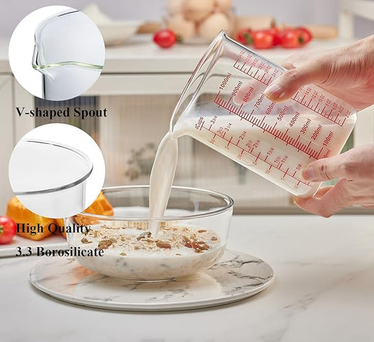 High Borosilicate Glass Measuring Cup-V-Shaped Spout,Glass Measuring Beaker for Kitchen or Restaurant, Easy to Read, 1000 ML (32 Oz, 4Cup)